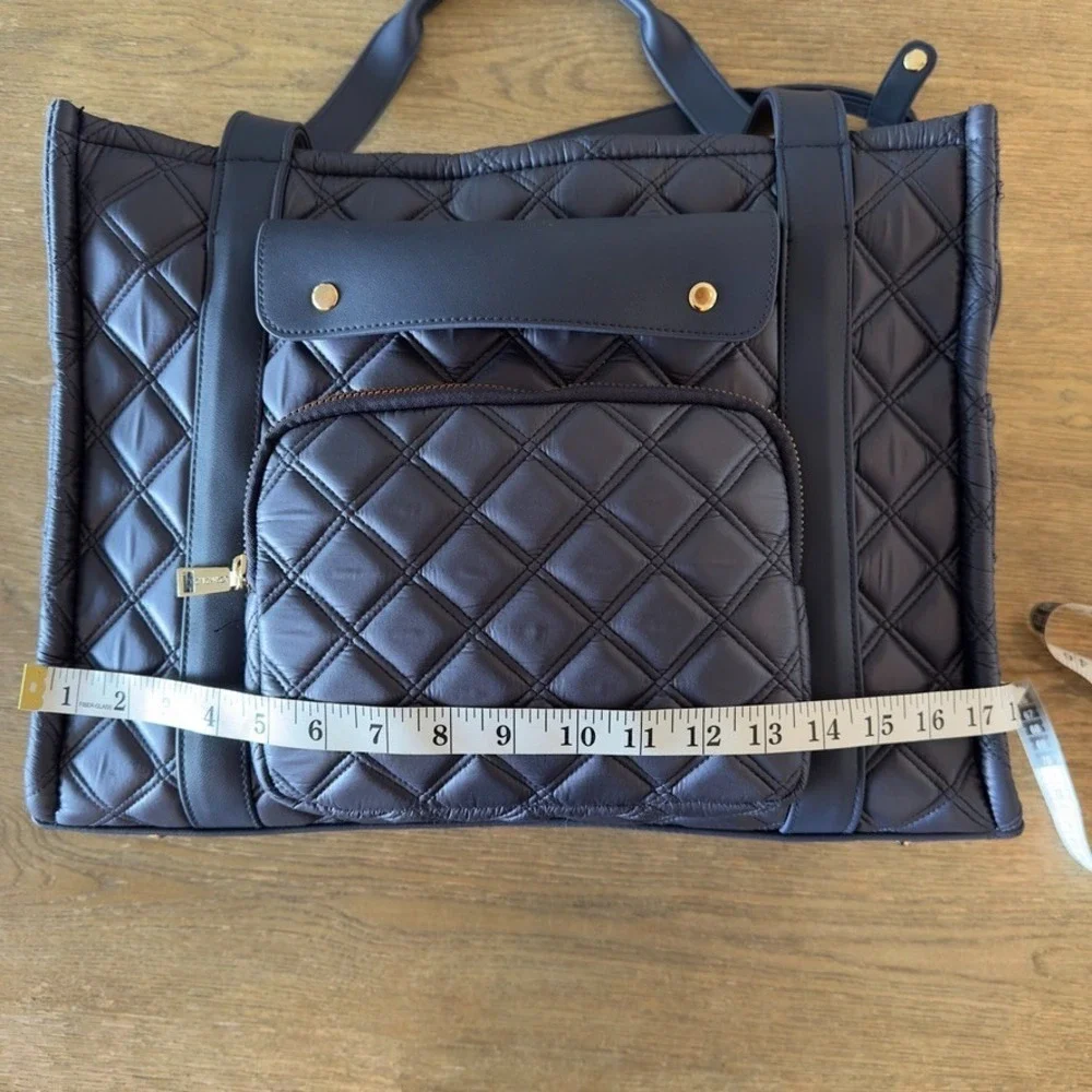 NEW Joan & David Navy Blue Quilted Nylon Large Tote Bag Gold Hardware w/ Pouch